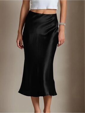A New Day Black Satin Women's Midi Skirt - Classic A Line
